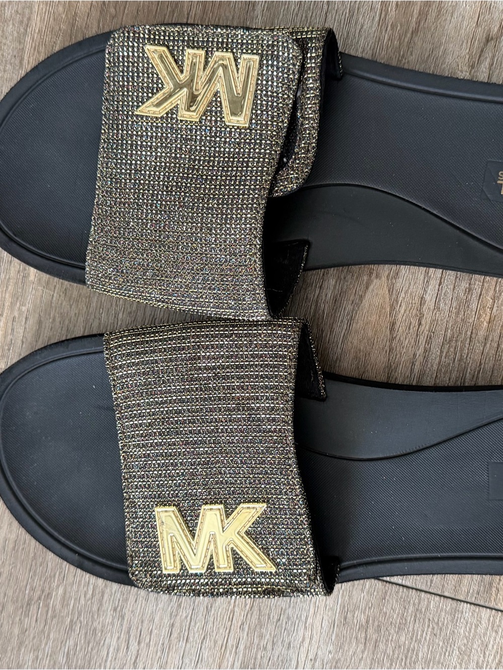 Michael Kors Women’s Black/Gold Slide Sandals with Gold MK Logo
